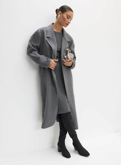 Women Belted Wool-Blend Coat Sky Grey Mix | Melanie Lyne