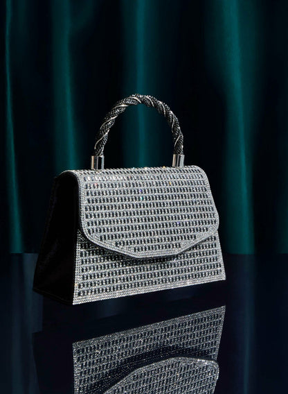 Women Braided Handle Crystal Clutch Black | Melanie Lyne