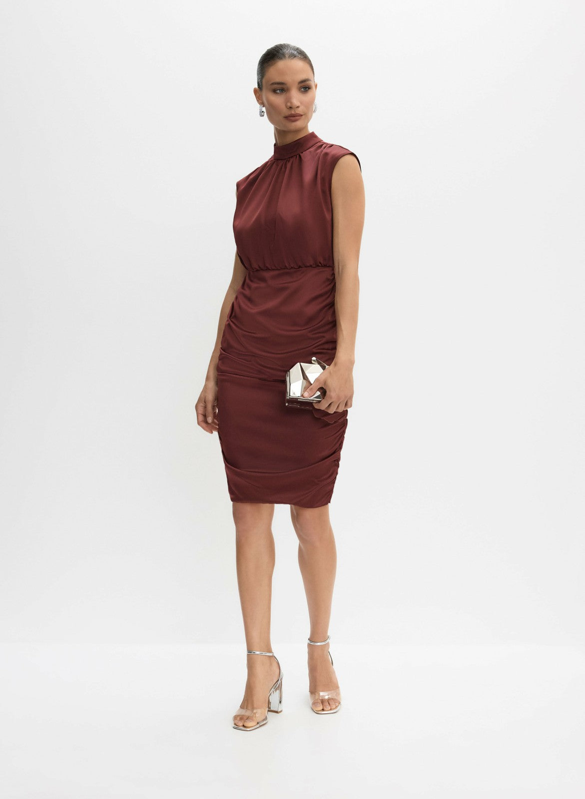 Women Short Ruched Satin Dress Ruby Red | Melanie Lyne