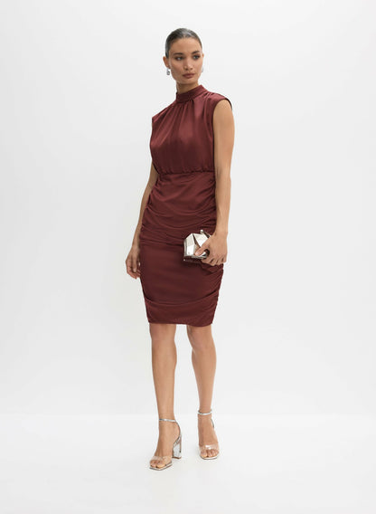 Women Short Ruched Satin Dress Ruby Red | Melanie Lyne