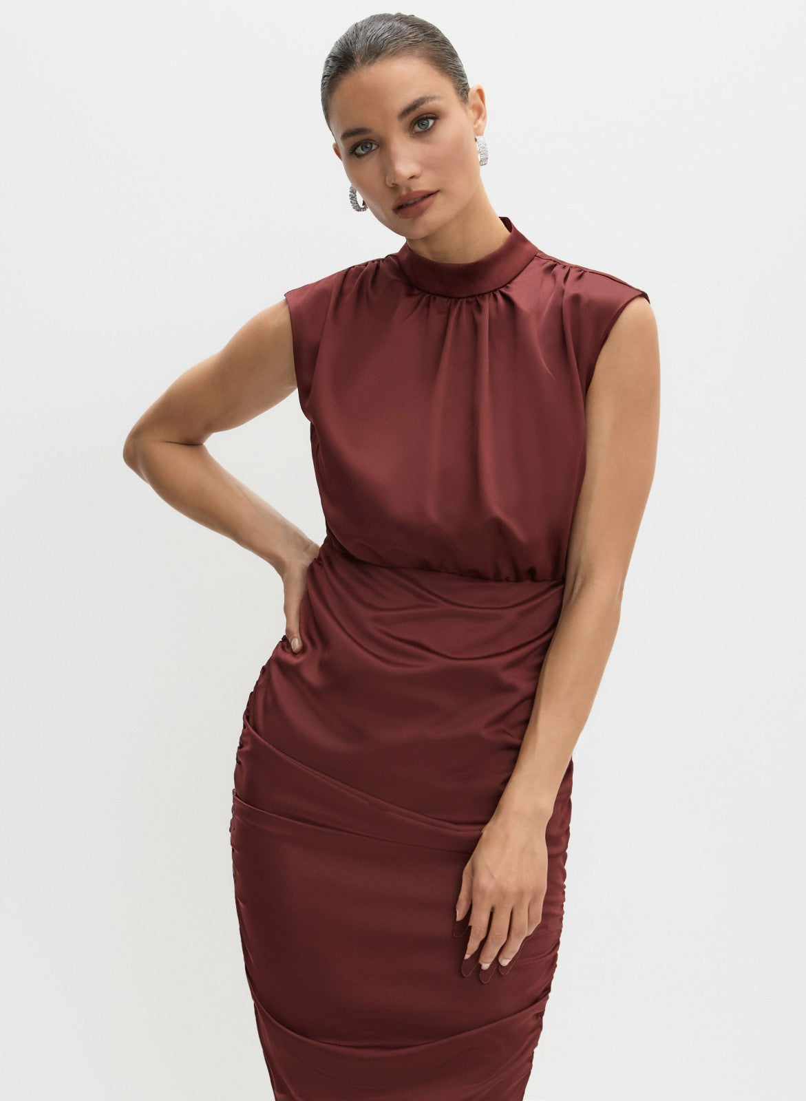 Women Short Ruched Satin Dress Ruby Red | Melanie Lyne