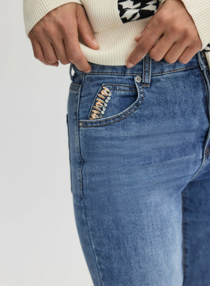 Women Rhinestone Detail Straight Leg Jeans Light Blue | Melanie Lyne