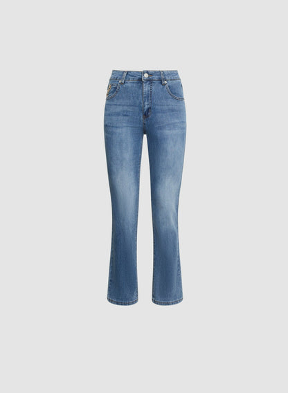 Women Rhinestone Detail Straight Leg Jeans Light Blue | Melanie Lyne