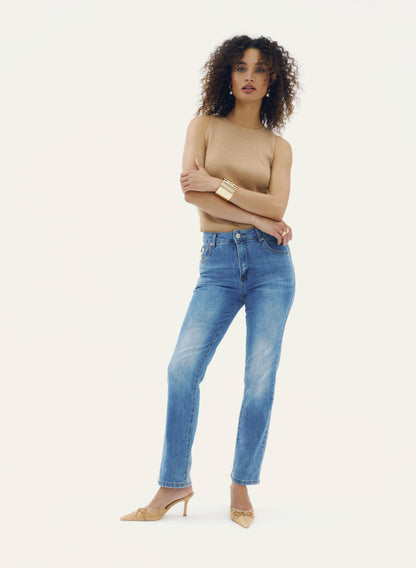 Women Rhinestone Detail Straight Leg Jeans Light Blue | Melanie Lyne