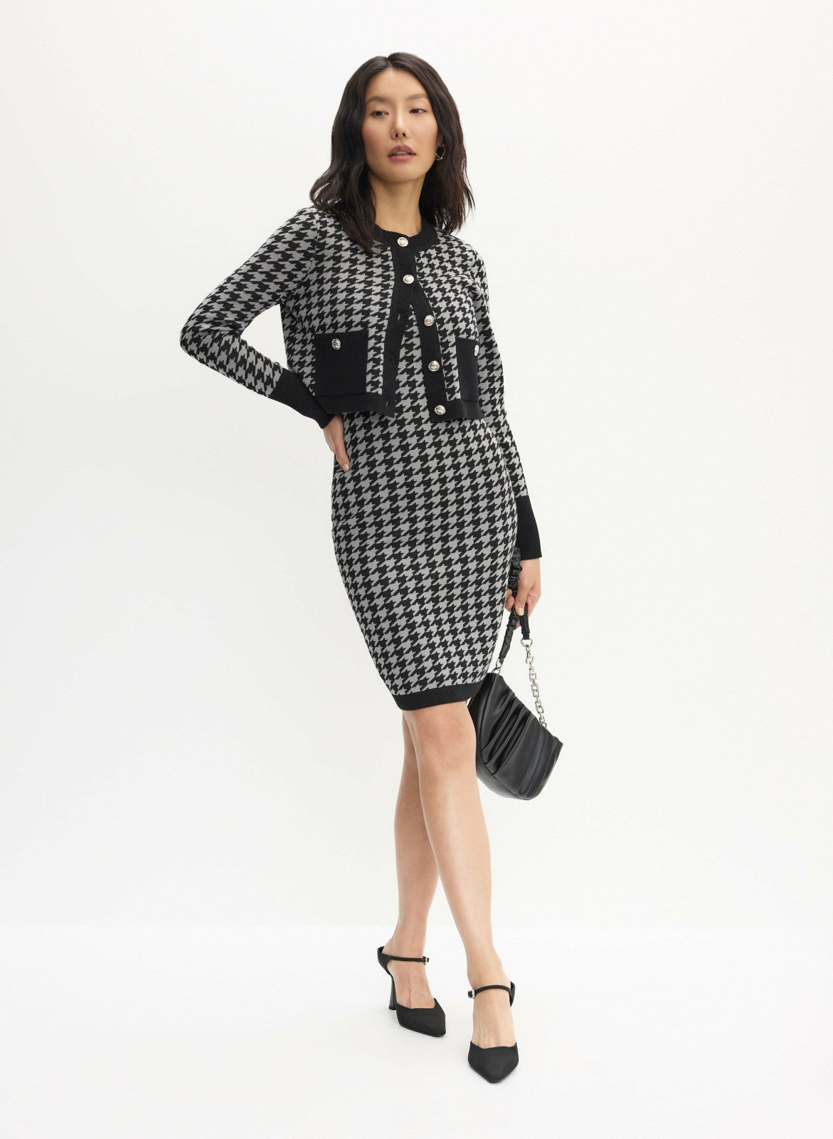 Women Houndstooth Print Jacket & Dress Set Black Pattern | Melanie Lyne