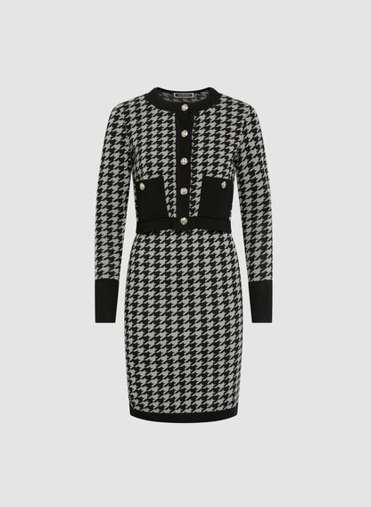 Women Houndstooth Print Jacket & Dress Set Black Pattern | Melanie Lyne