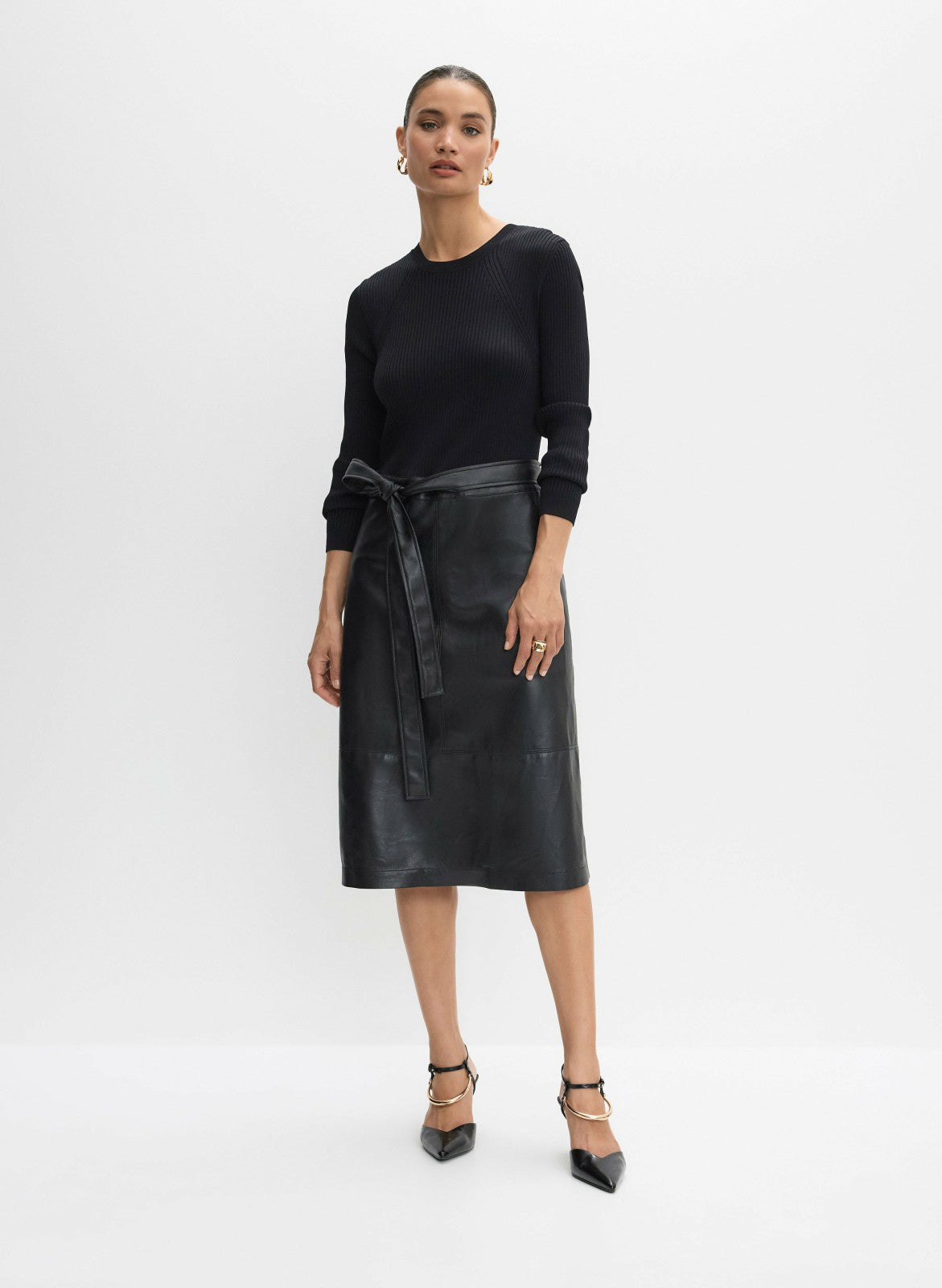 Women Knit & Vegan Leather Illusion Dress Black | Melanie Lyne