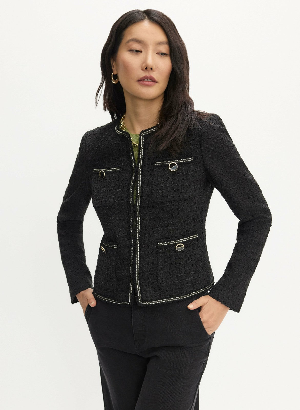 Women Button Detail Bouclé Jacket Black | Melanie Lyne