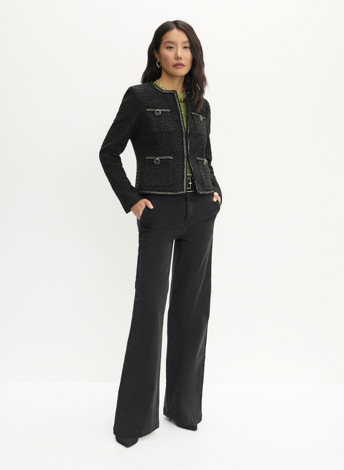 Women Button Detail Bouclé Jacket Black | Melanie Lyne