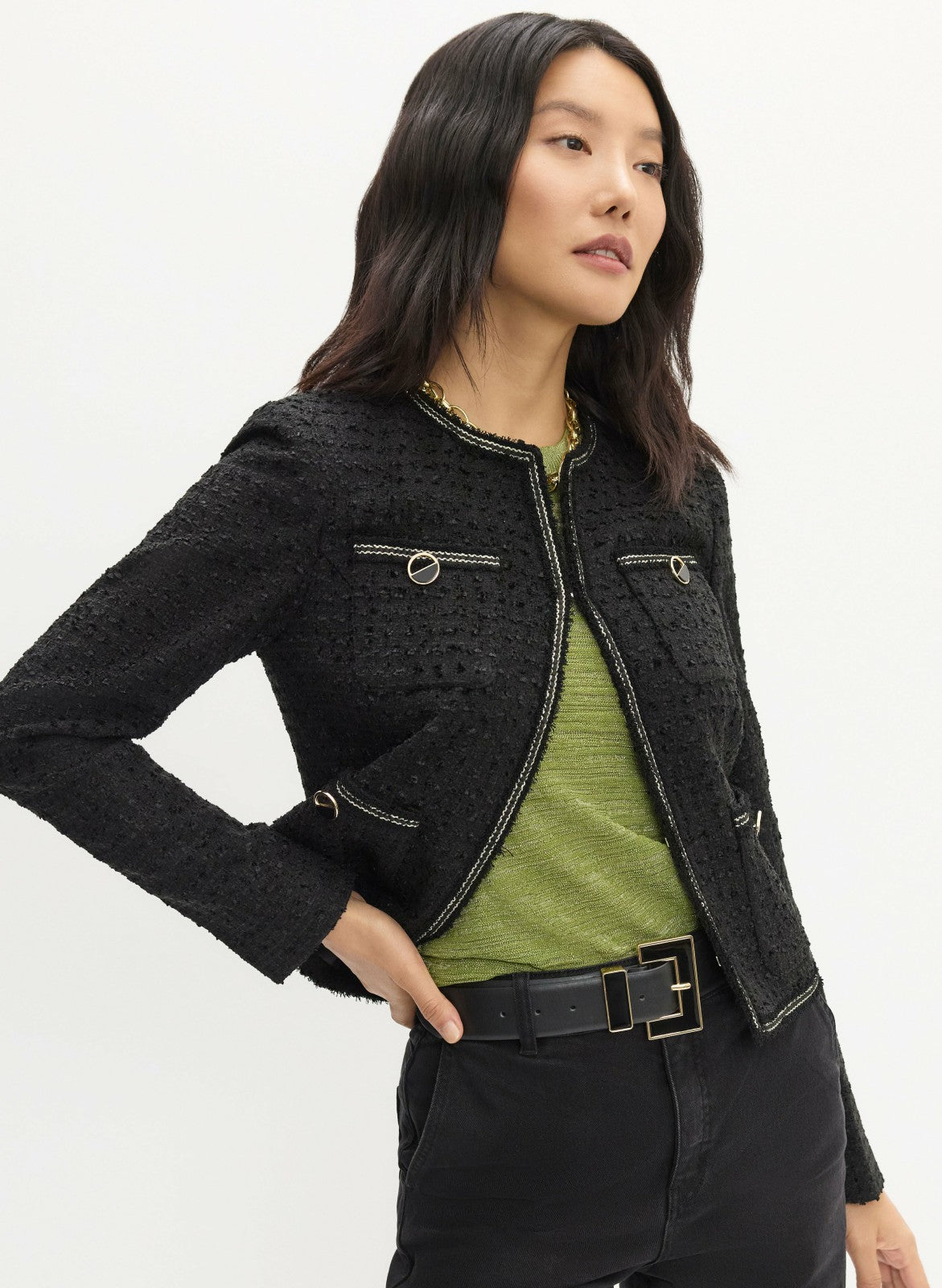 Women Button Detail Bouclé Jacket Black | Melanie Lyne