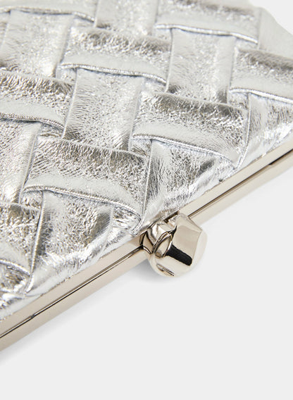 Women Vegan Leather Weave Detail Clutch Silver | Melanie Lyne