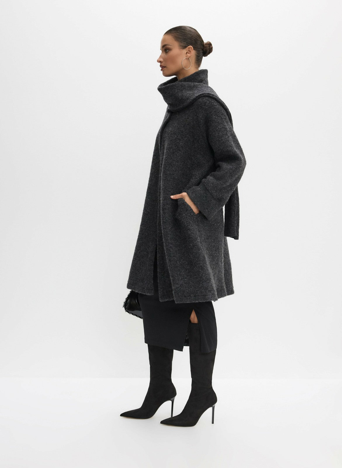 Women Cowl Neck Scarf Coat Charcoal | Melanie Lyne