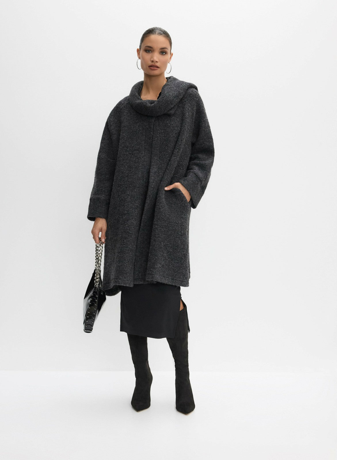Women Cowl Neck Scarf Coat Charcoal | Melanie Lyne