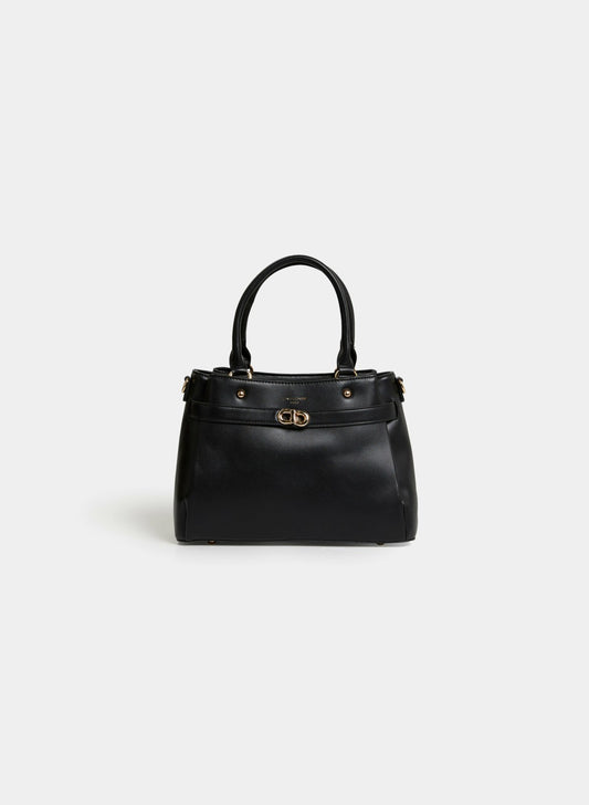Women Belt Detail Vegan Leather Handbag Black | Melanie Lyne