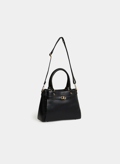 Women Belt Detail Vegan Leather Handbag Black | Melanie Lyne