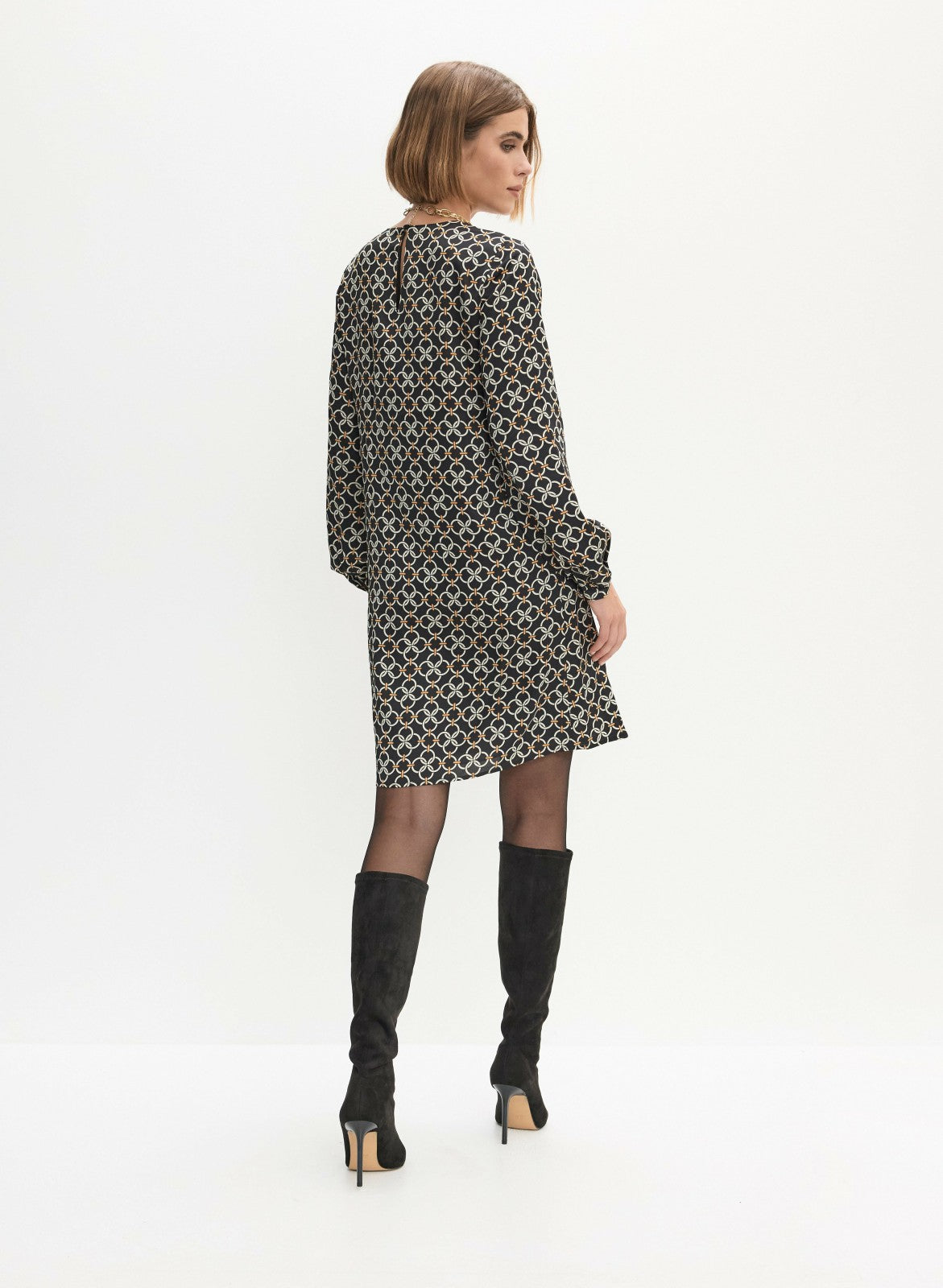 Women Geometric Print Long Sleeve Dress Black Pattern | Melanie Lyne
