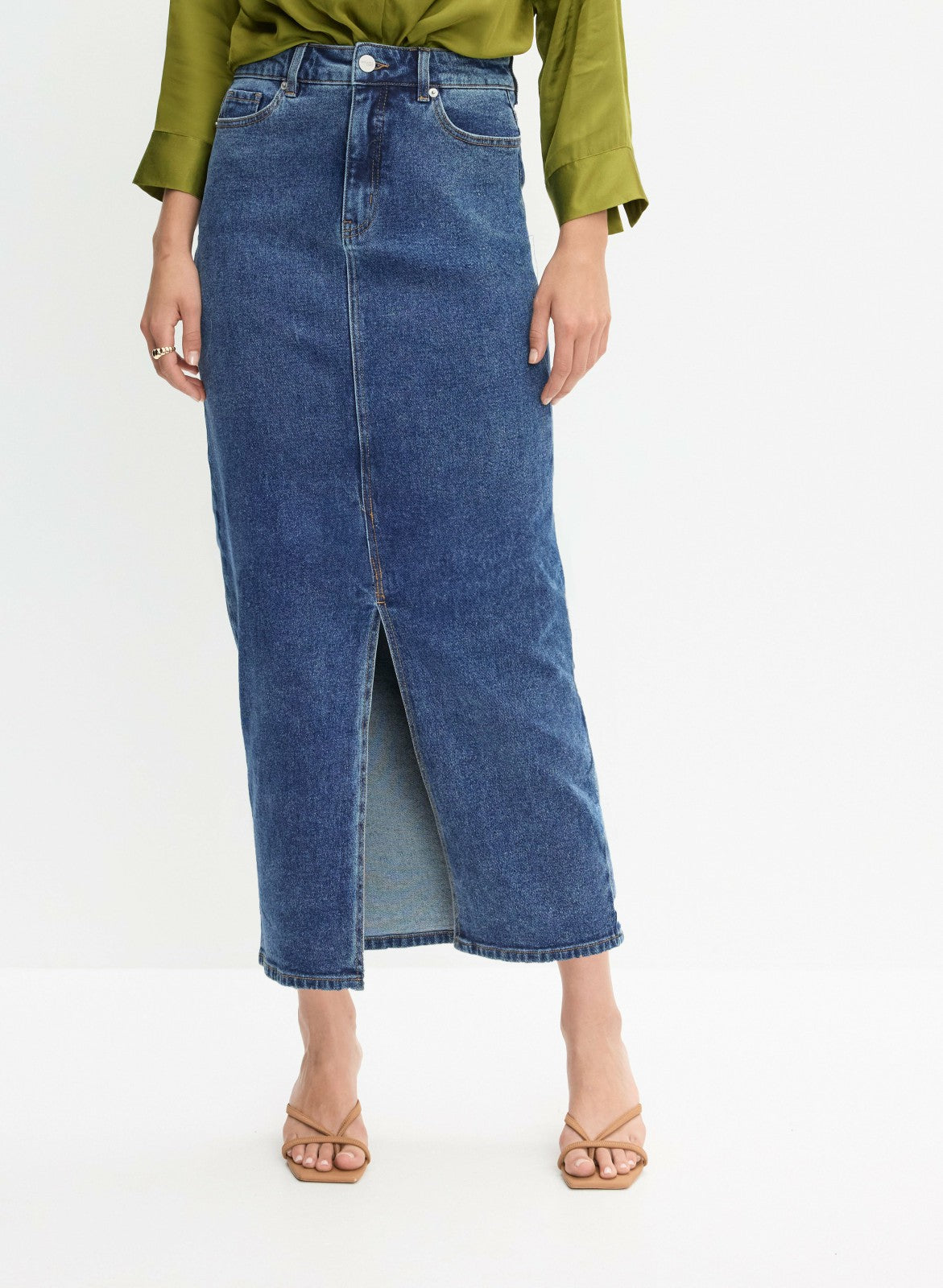 Women Front Slit Long Denim Skirt Clear Blue | Melanie Lyne