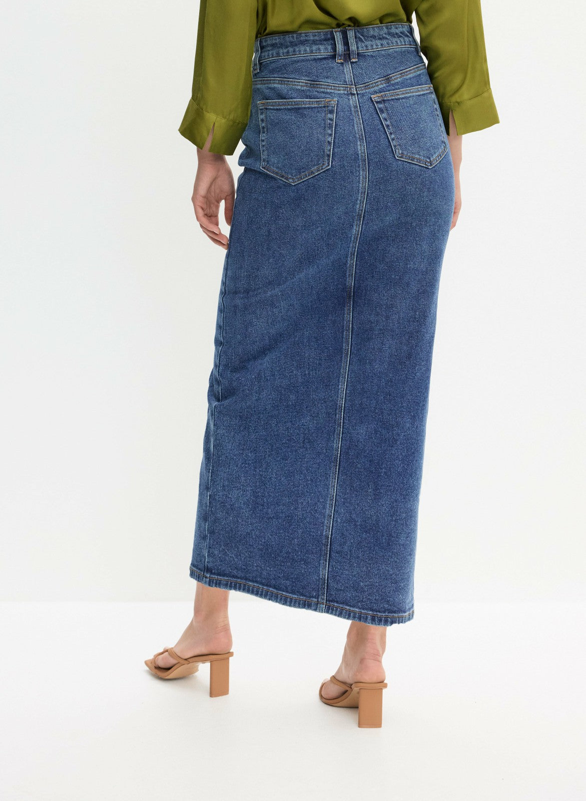 Women Front Slit Long Denim Skirt Clear Blue | Melanie Lyne