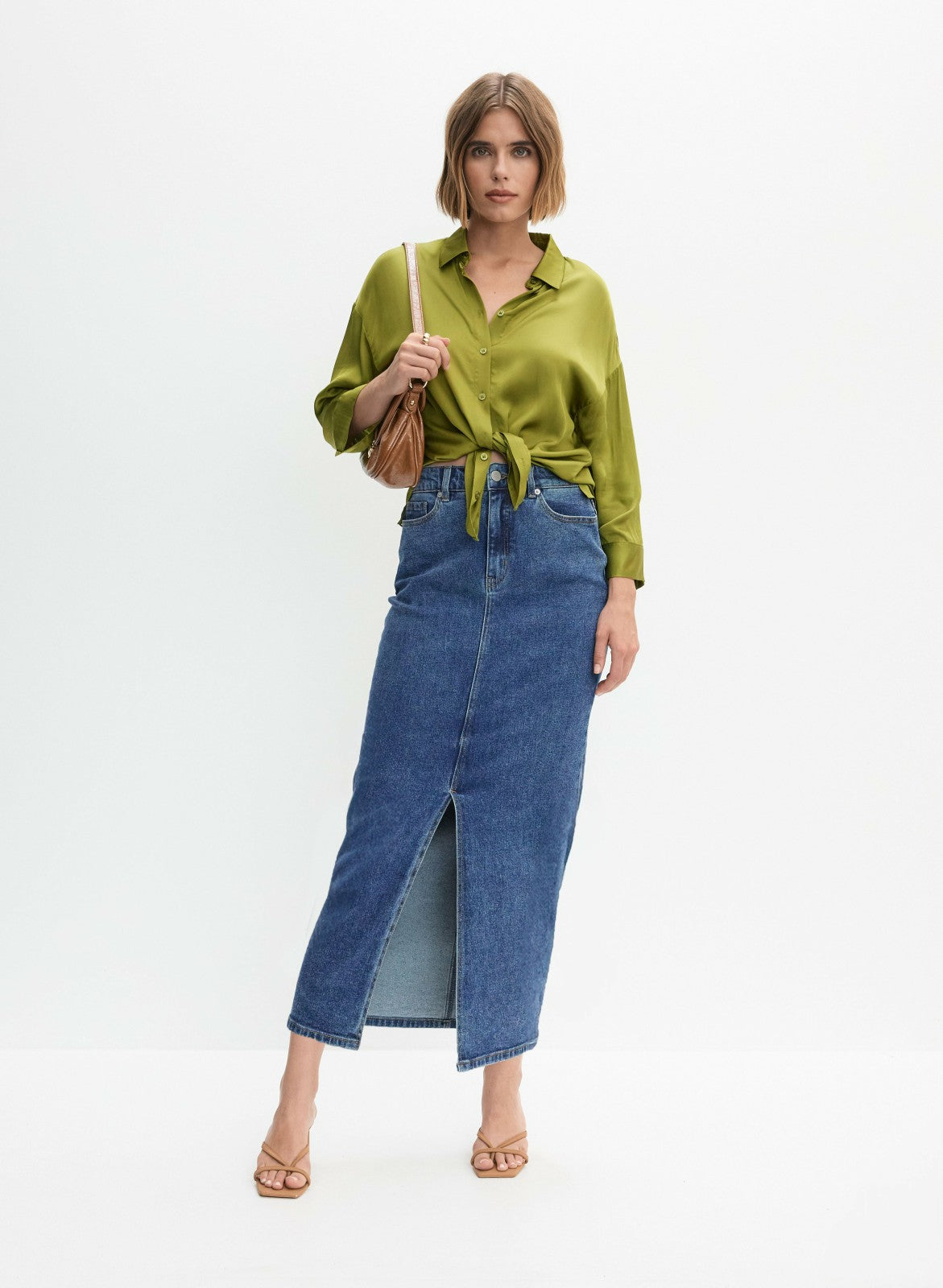 Women Front Slit Long Denim Skirt Clear Blue | Melanie Lyne