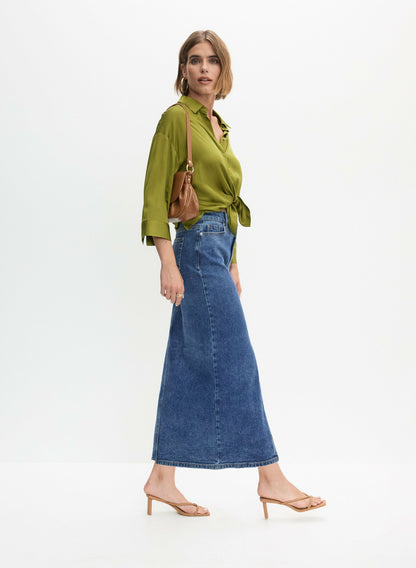 Women Front Slit Long Denim Skirt Clear Blue | Melanie Lyne