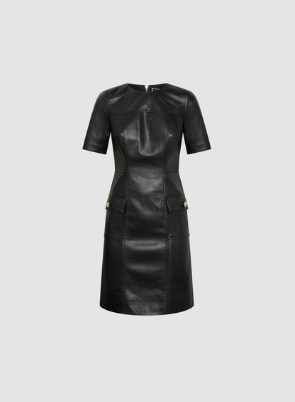 Women Vegan Leather Crew Neck Dress Black | Melanie Lyne