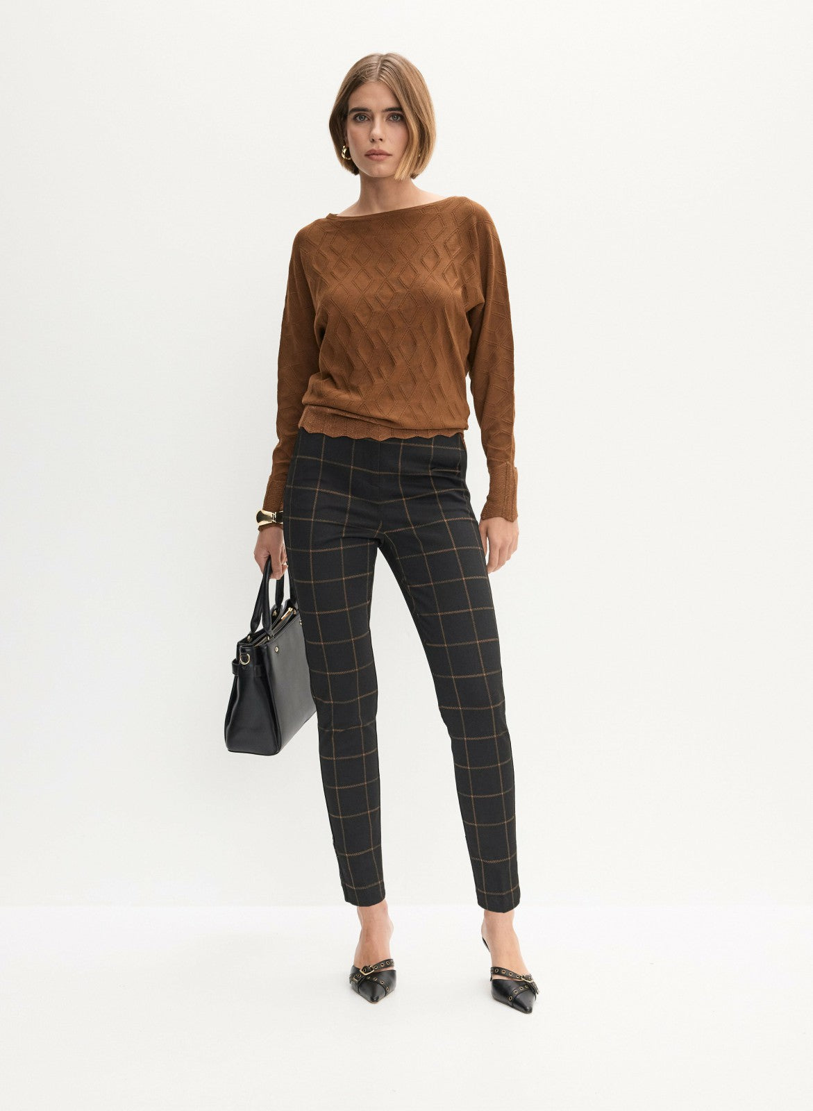 Women Plaid Print Slim Leg Pants Black Pattern | Melanie Lyne