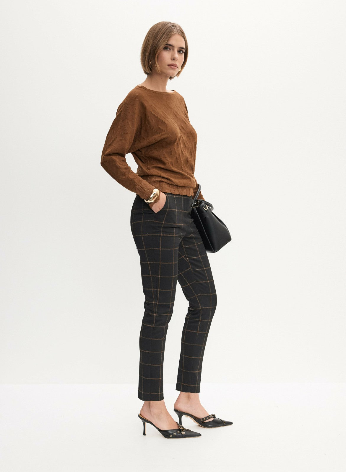 Women Plaid Print Slim Leg Pants Black Pattern | Melanie Lyne