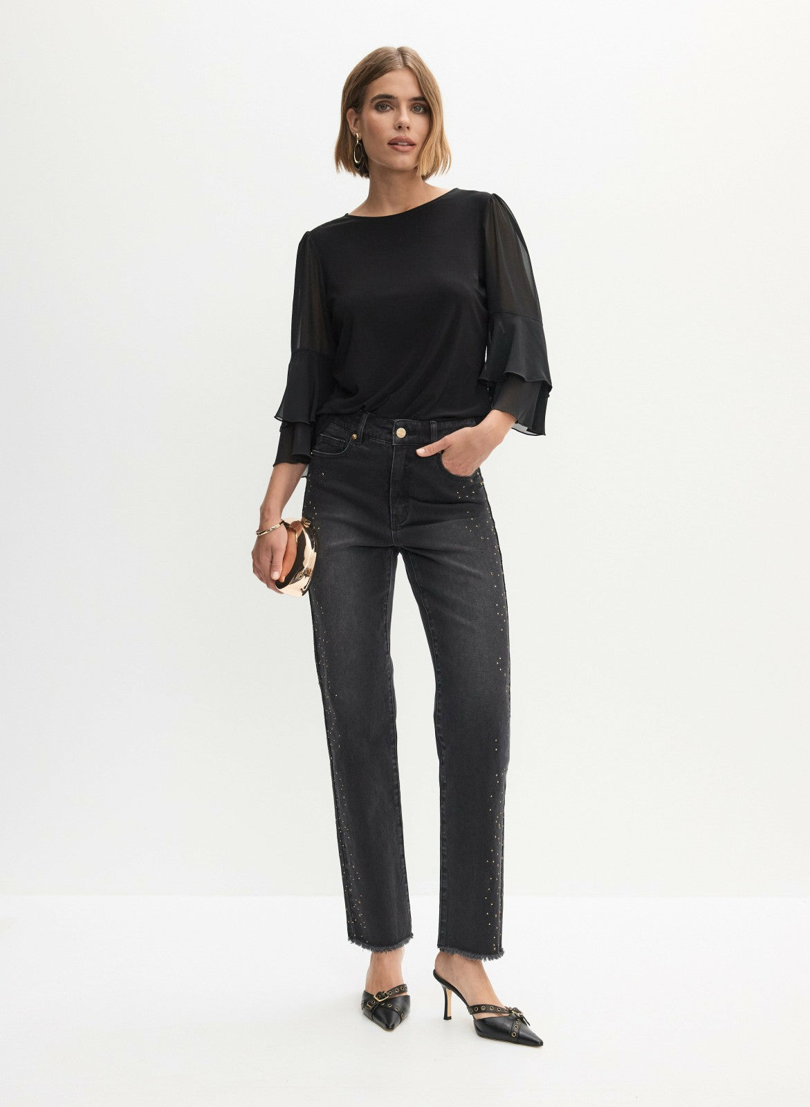 Women Chiffon Ruffle Sleeve Top Black | Melanie Lyne