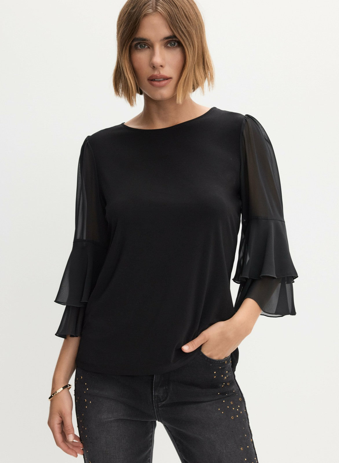Women Chiffon Ruffle Sleeve Top Black | Melanie Lyne