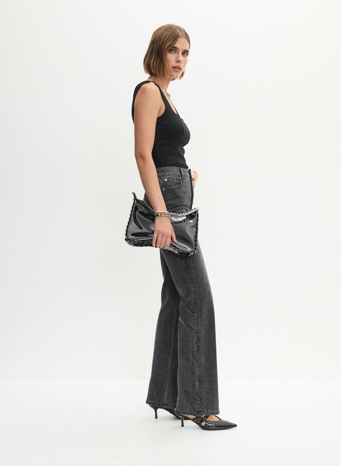 Women Rhinestone Embellished Wide Leg Jeans Storm | Melanie Lyne