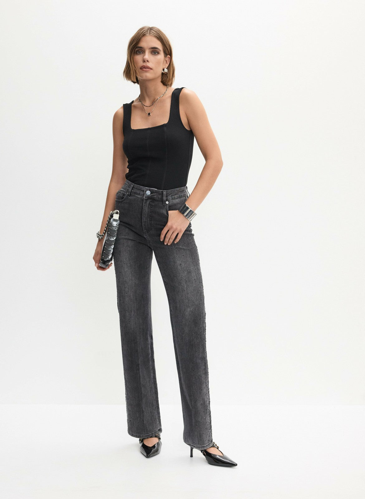 Women Rhinestone Embellished Wide Leg Jeans Storm | Melanie Lyne