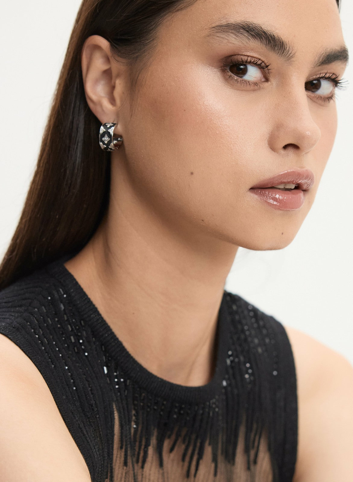 Women Cubic Zirconia Inset Hoop Earrings Black | Melanie Lyne