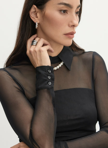 Women Sheer Detail Mesh Top Black | Melanie Lyne