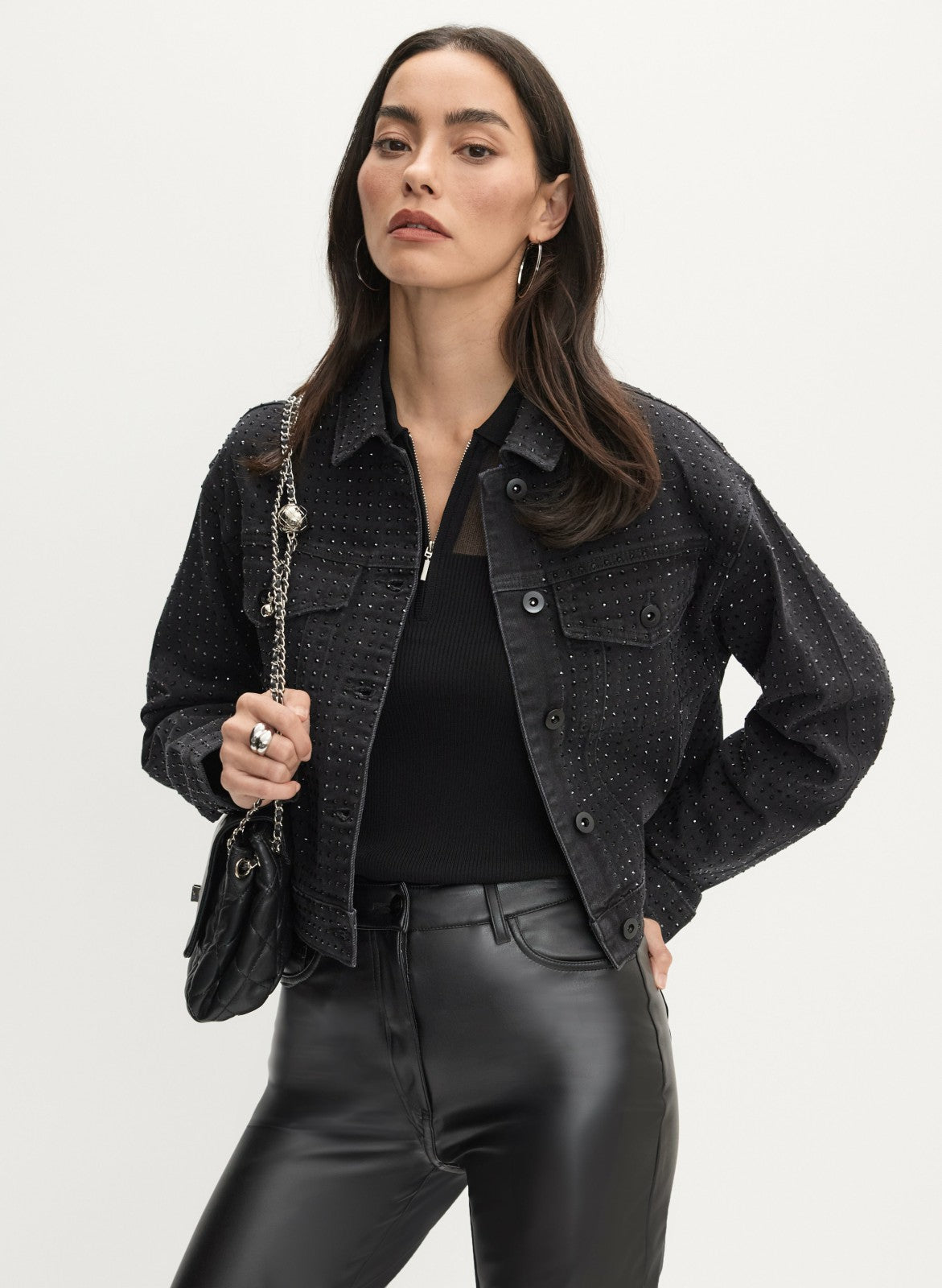 Women Rhinestone Detail Denim Jacket Black | Melanie Lyne