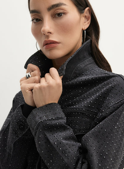 Women Rhinestone Detail Denim Jacket Black | Melanie Lyne