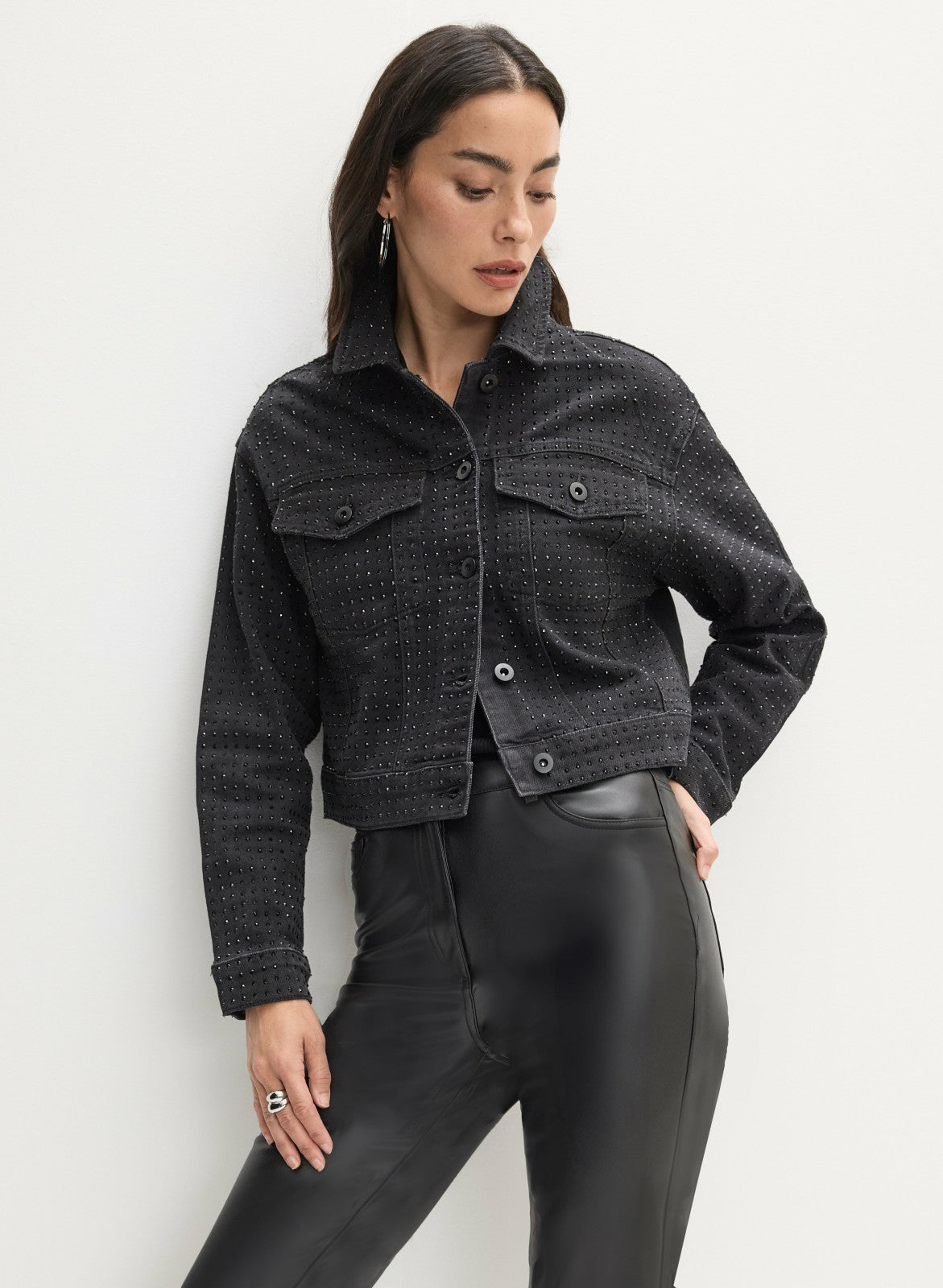 Women Rhinestone Detail Denim Jacket Black | Melanie Lyne
