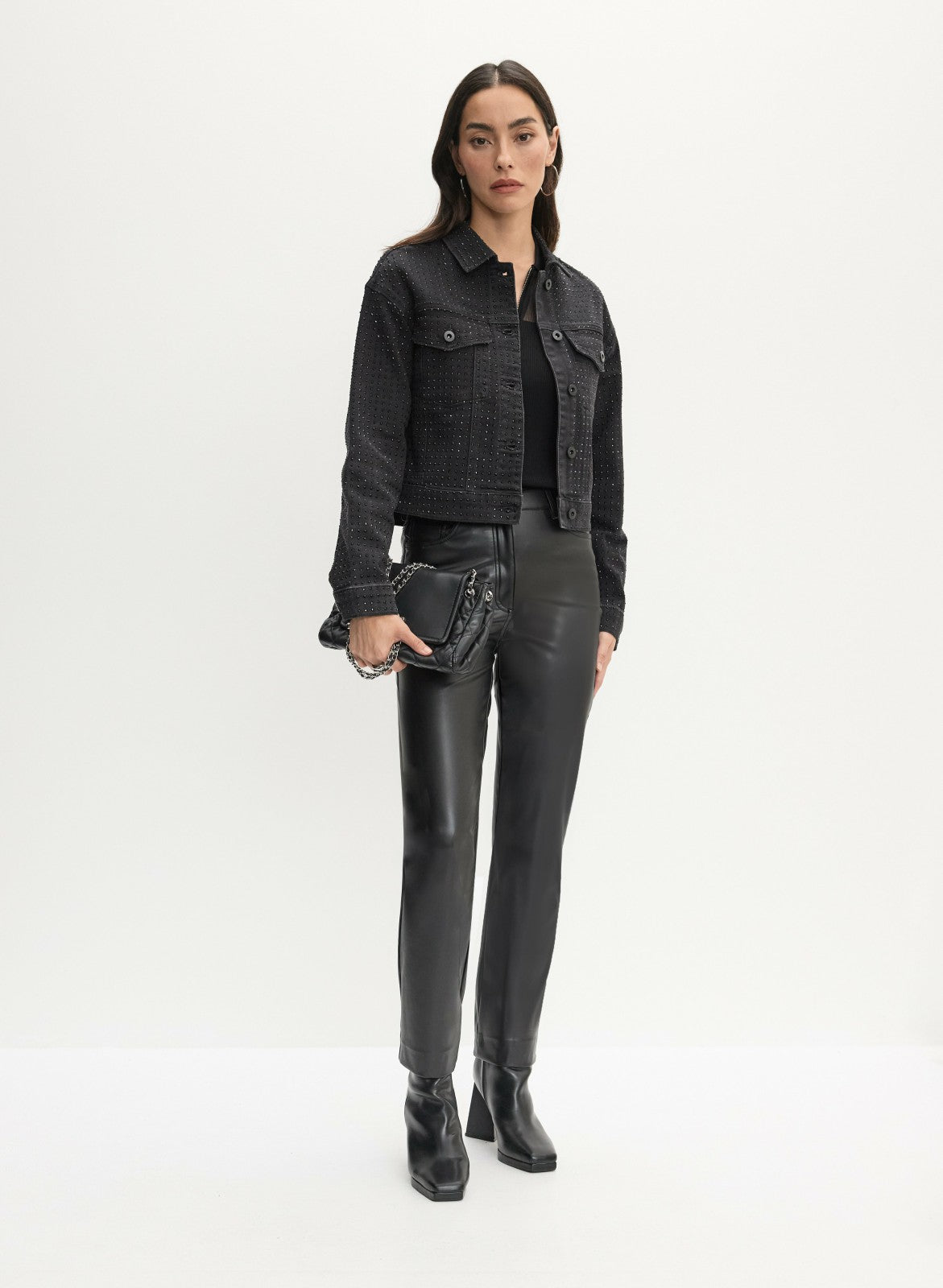 Women Rhinestone Detail Denim Jacket Black | Melanie Lyne