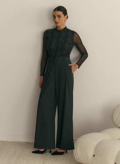 Women Pleated Wide-Leg Pants Storm Mix | Melanie Lyne