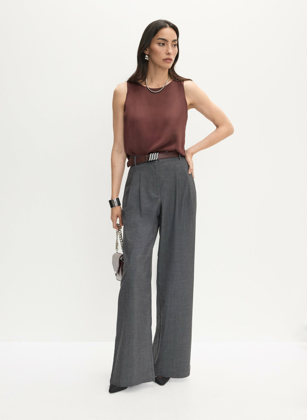 Women Pleated Wide-Leg Pants Storm Mix | Melanie Lyne