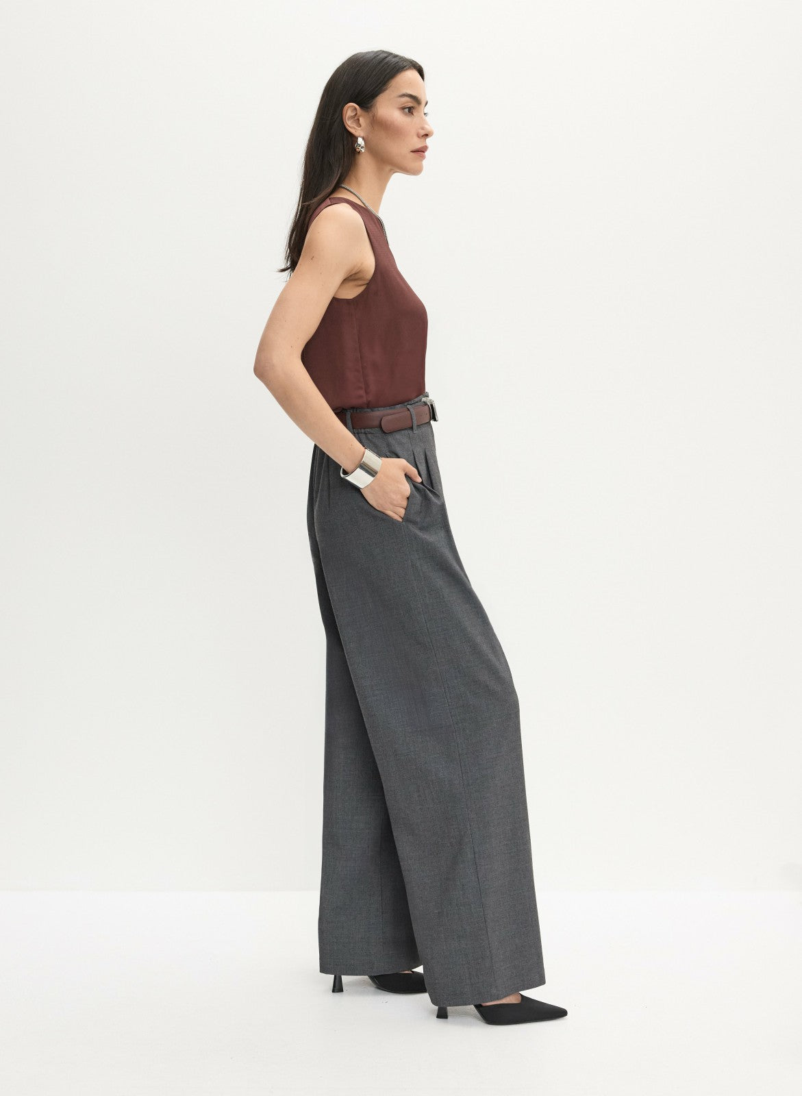 Women Pleated Wide-Leg Pants Storm Mix | Melanie Lyne