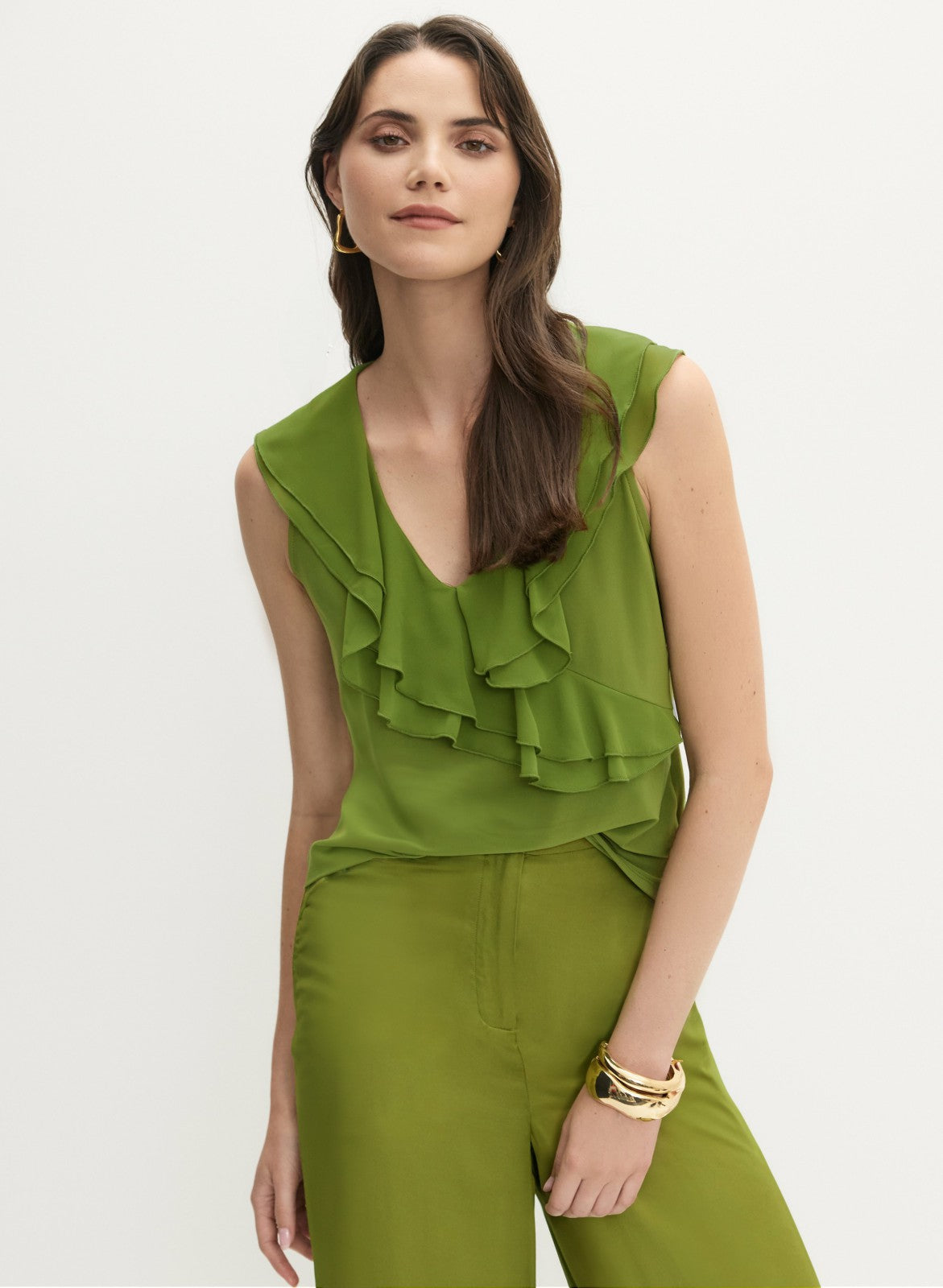 Women V-Neck Ruffle Detail Tank Top Avocado | Melanie Lyne