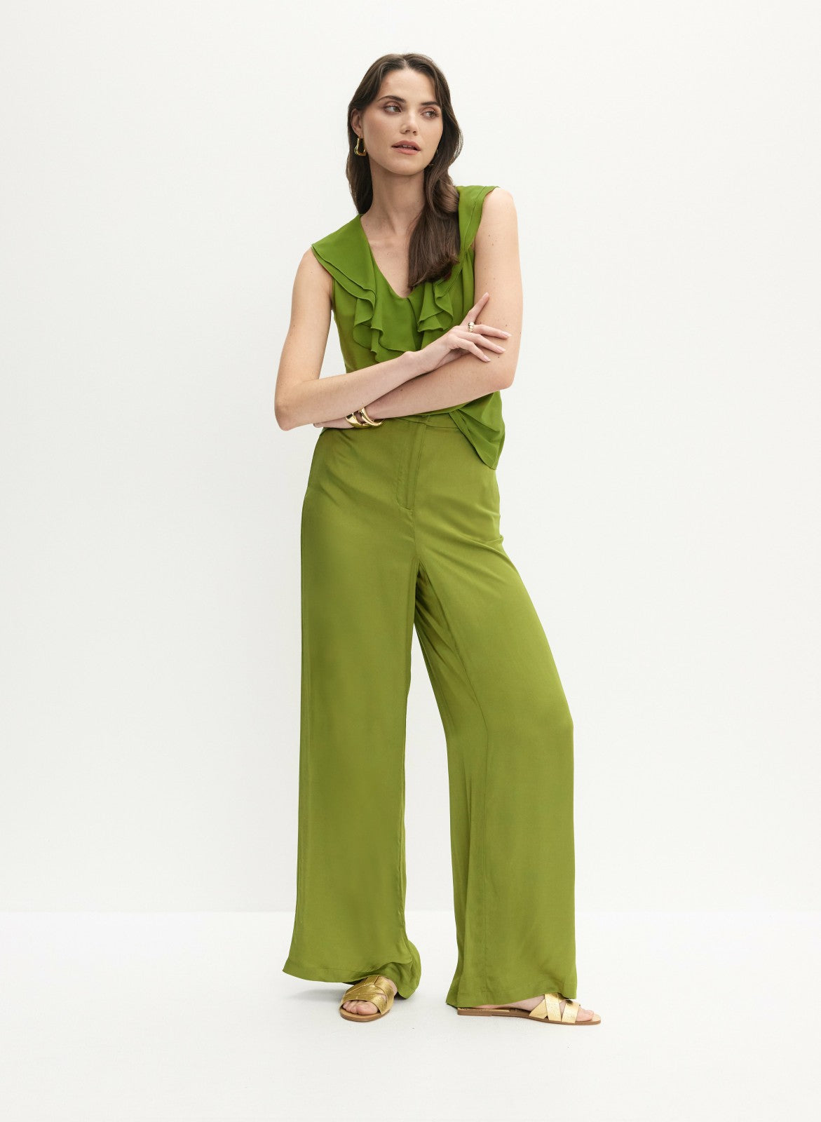 Women V-Neck Ruffle Detail Tank Top Avocado | Melanie Lyne