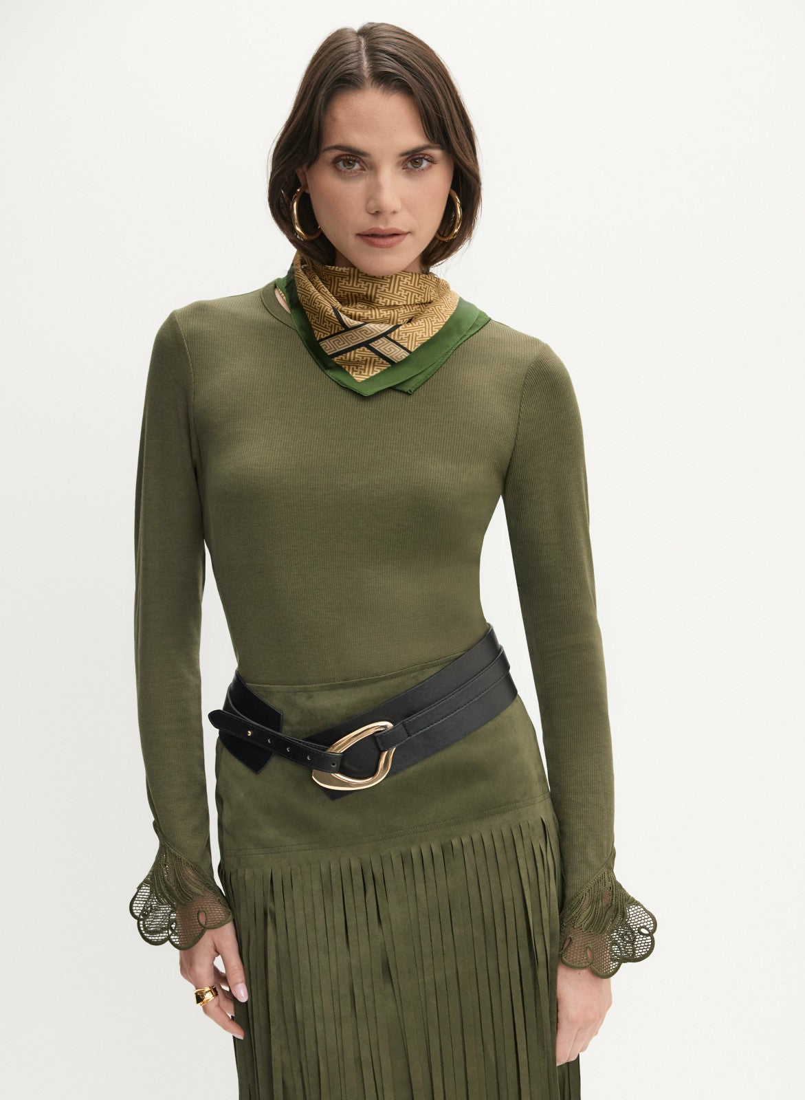 Women Lace Cuff Detail Top Winter Moss | Melanie Lyne