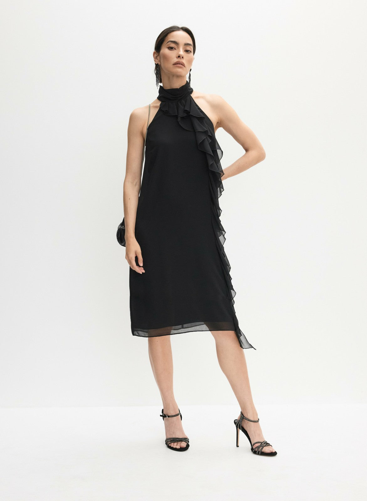 Women Ruffle Detail High Neck Dress Black | Melanie Lyne