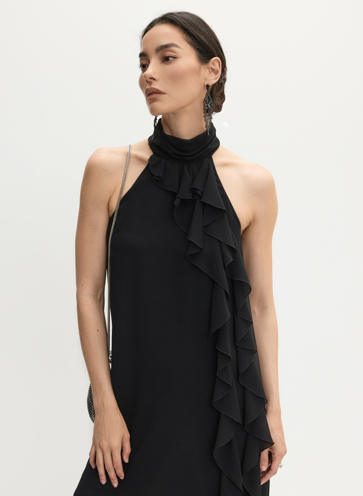 Women Ruffle Detail High Neck Dress Black | Melanie Lyne