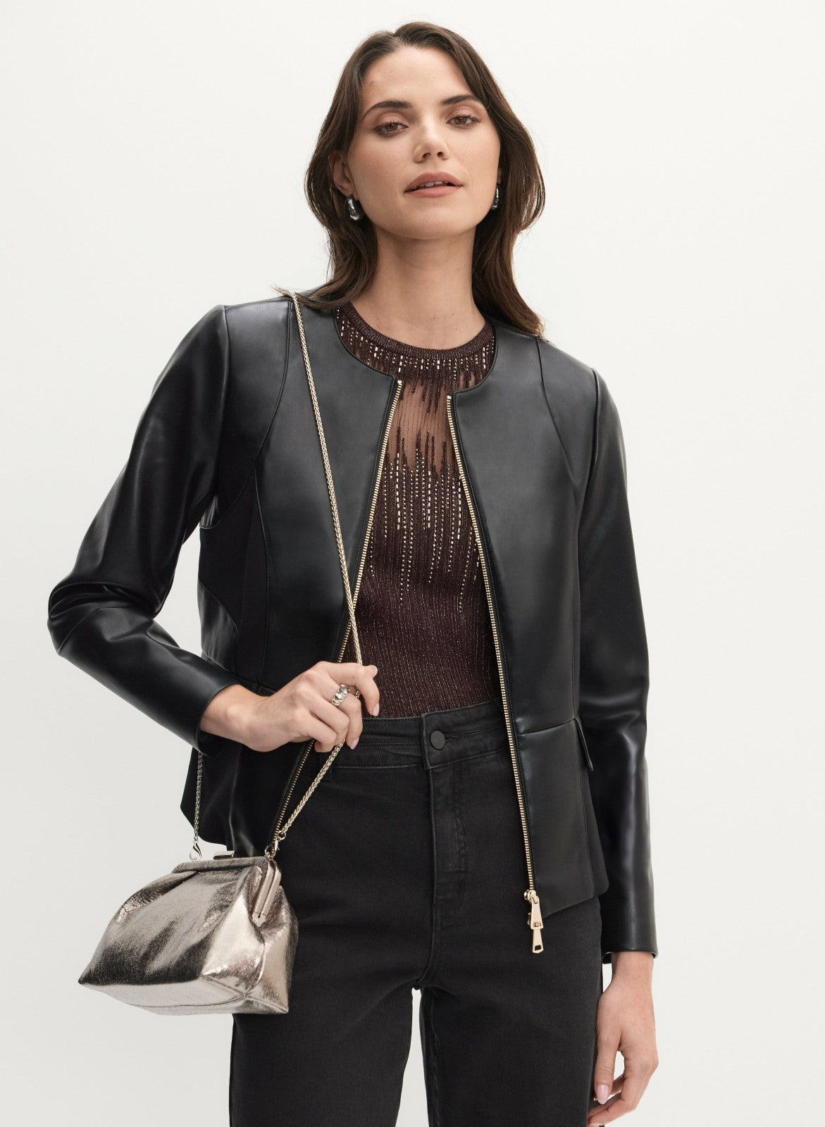 Women Zip-Front Vegan Leather Jacket Black | Melanie Lyne