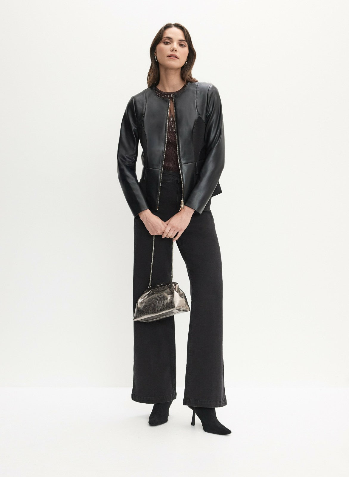 Women Zip-Front Vegan Leather Jacket Black | Melanie Lyne
