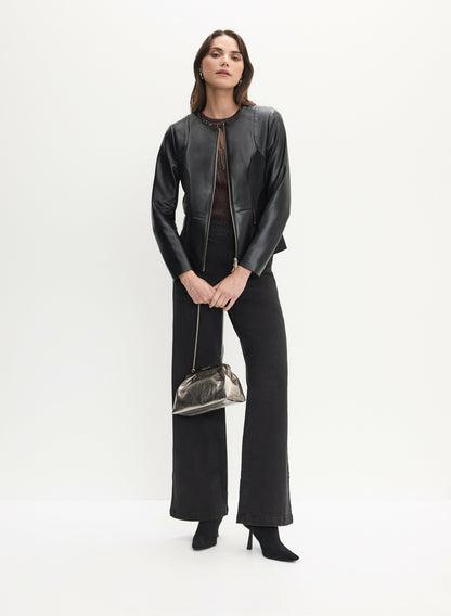 Women Zip-Front Vegan Leather Jacket Black | Melanie Lyne