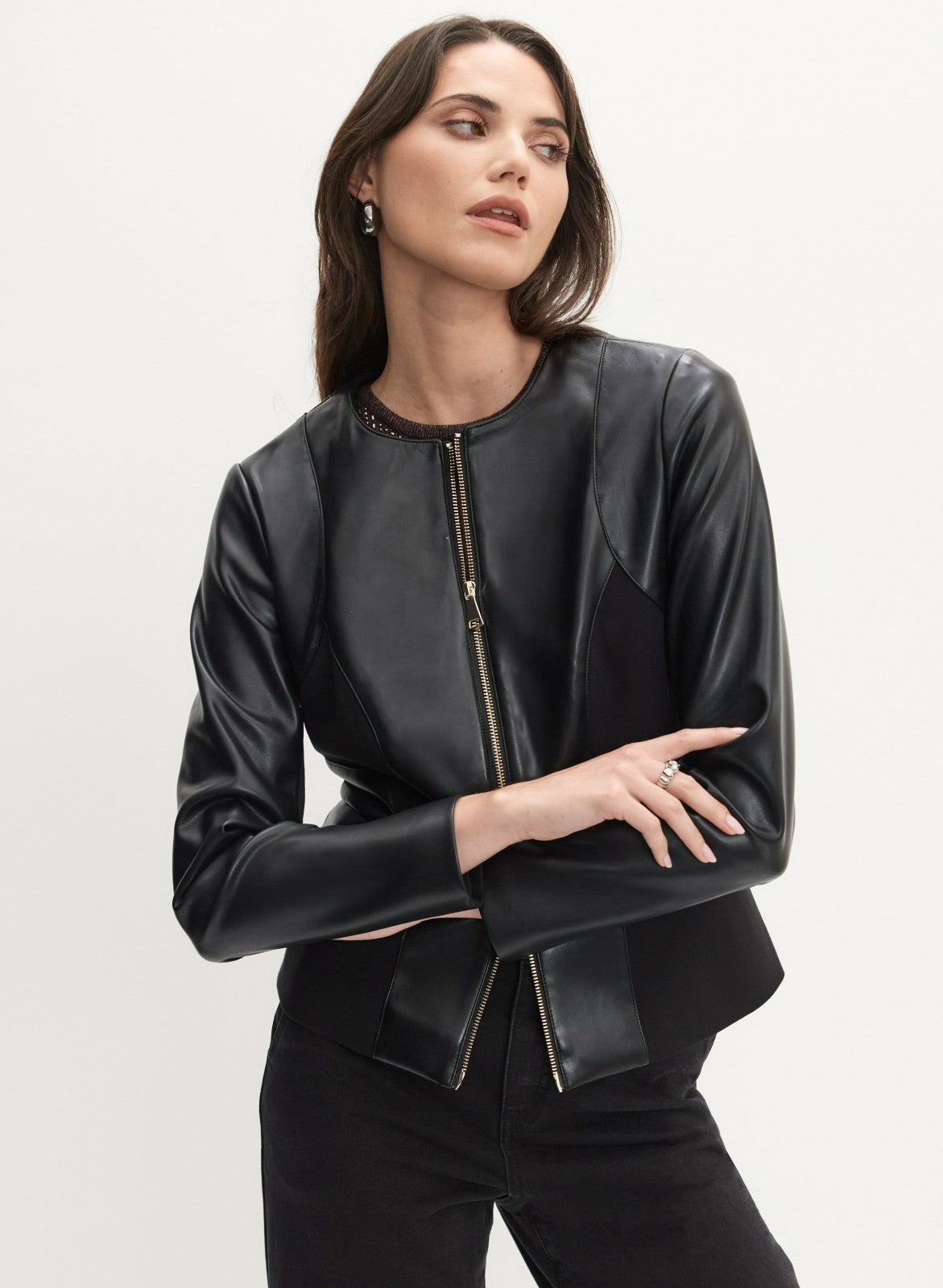 Women Zip-Front Vegan Leather Jacket Black | Melanie Lyne