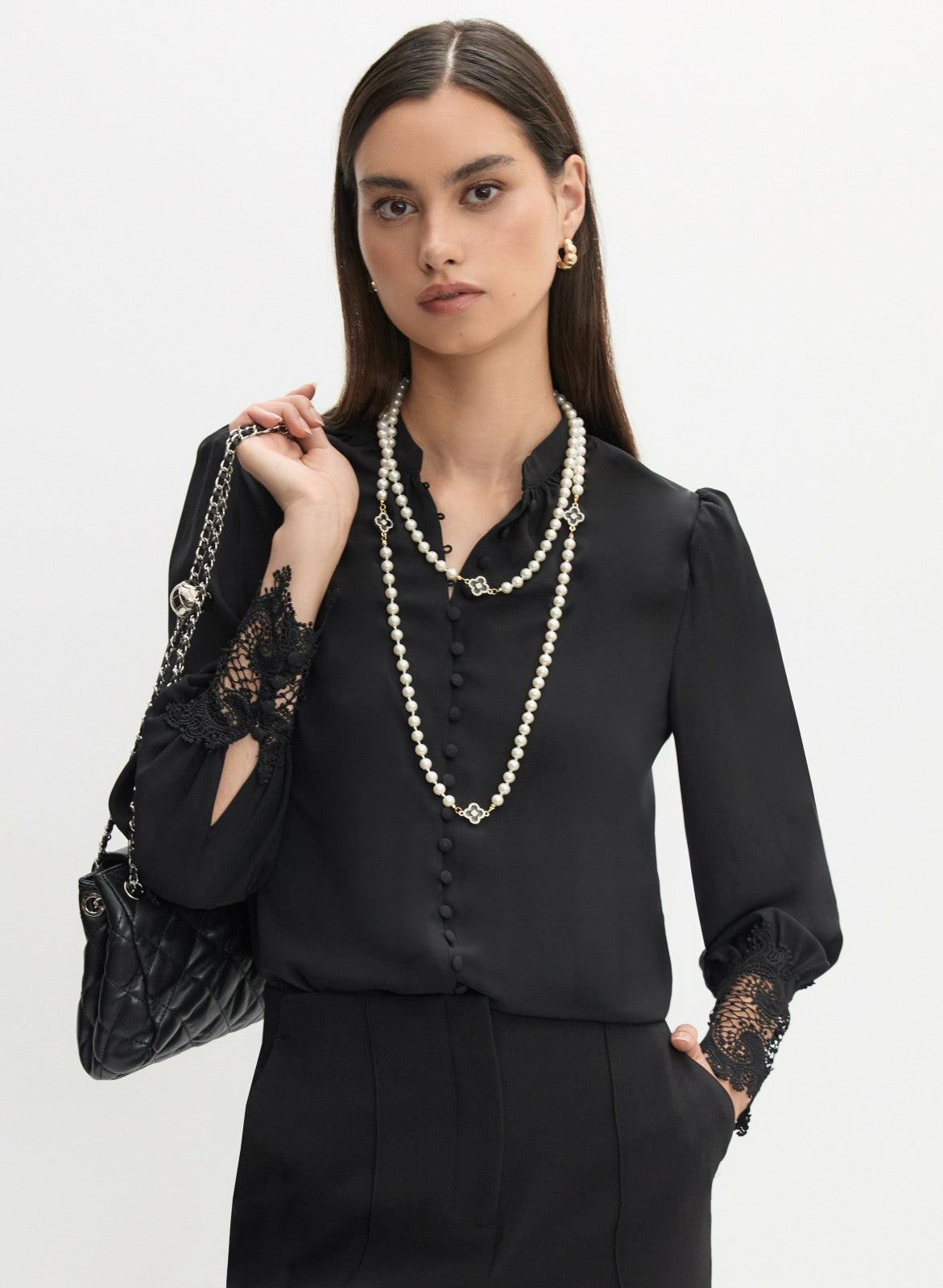 Women Button-Up Lace Detail Blouse Black | Melanie Lyne
